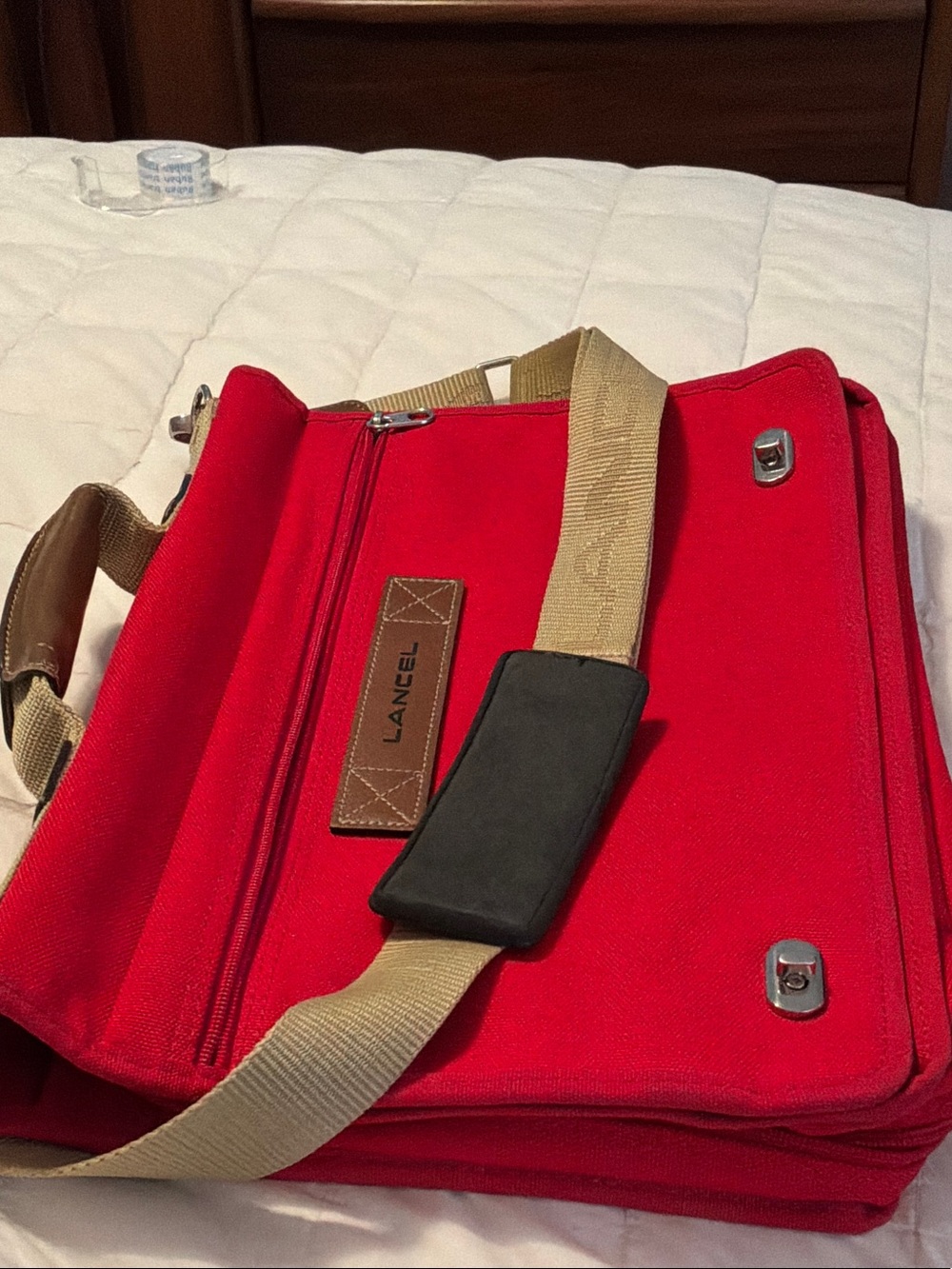 Lancel Red Canvas Satchel with Tan Shoulder Strap